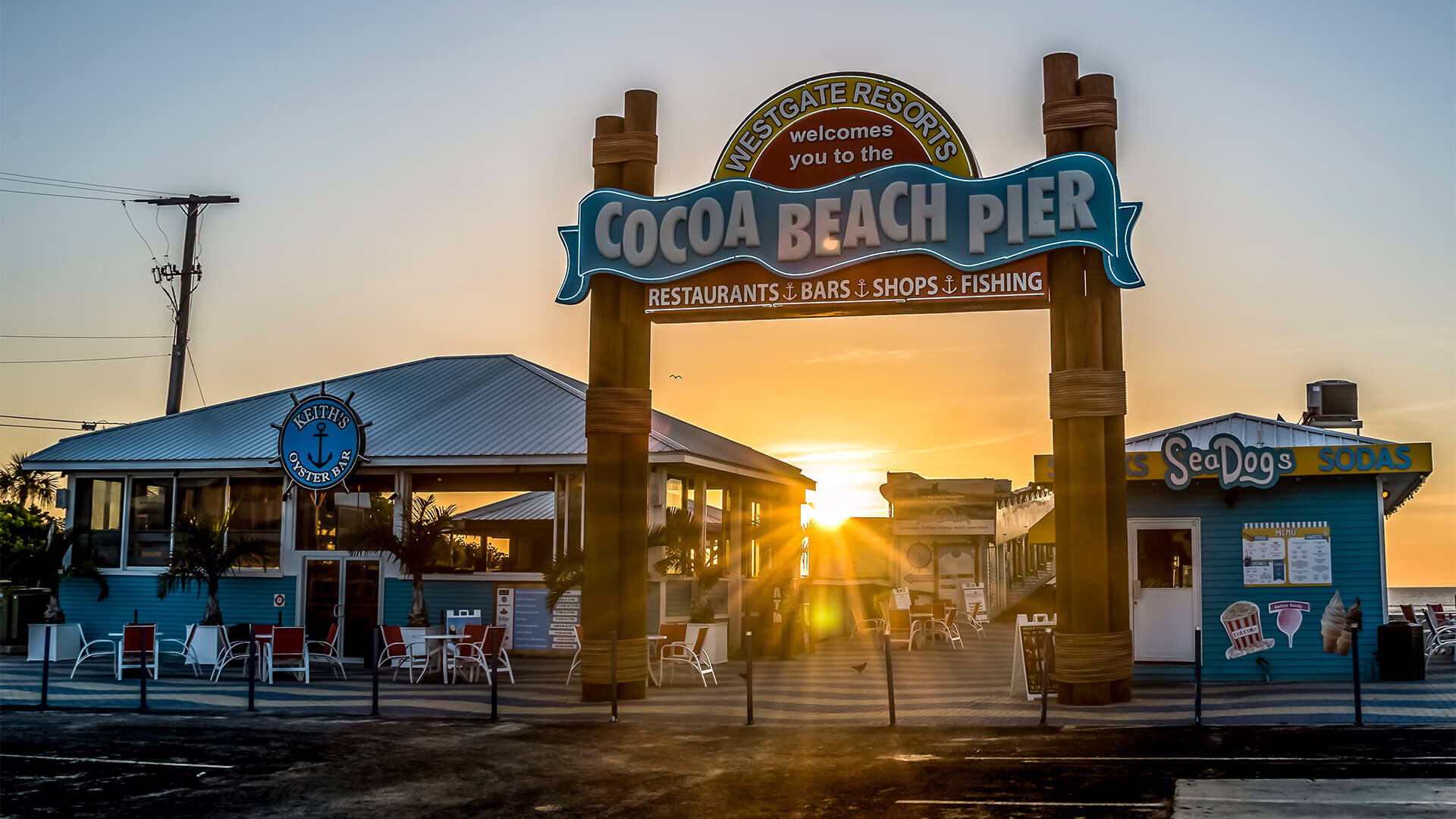 Cocoa Beach Pier at sunset with ocean view